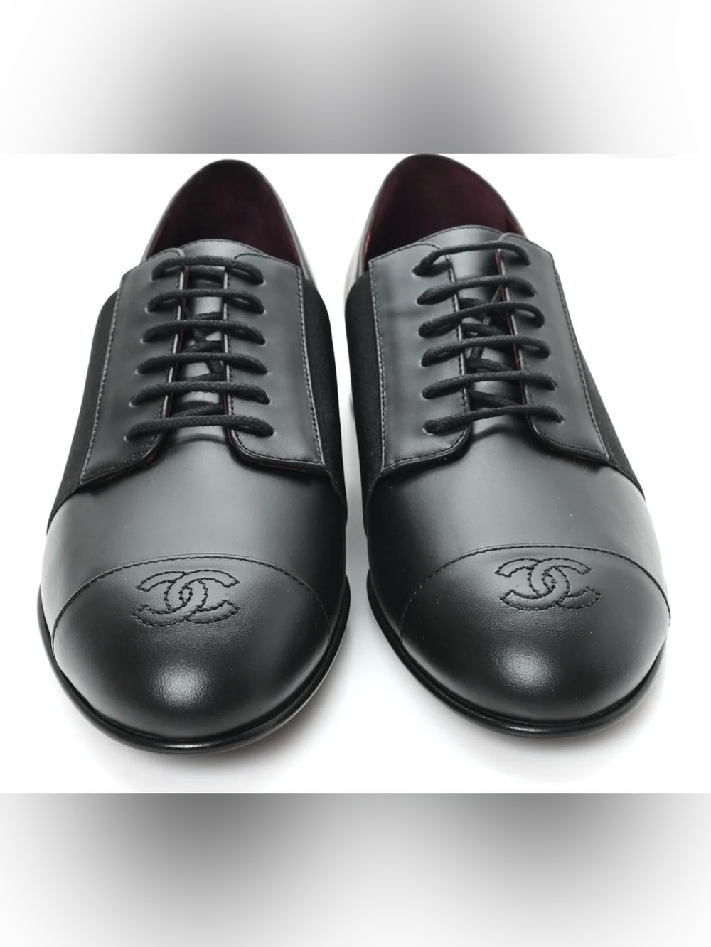 CHANEL Calfskin Leather Elastic Cap-Toe Lace-Up CC Loafers Uniform Collection